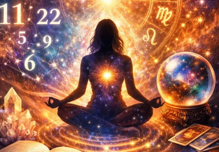 Meditująca postać w kosmicznej przestrzeni, otoczona symbolami numerologii i astrologii. To wizualizacja roku numerologicznego 3, pełnego kreatywności i ekspresji.
