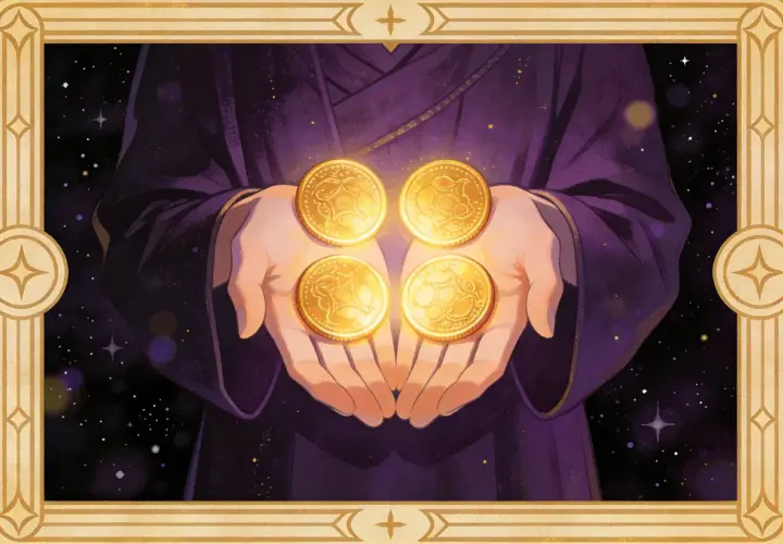 Dłonie trzymają cztery złote monety, symbolizujące stabilność i bezpieczeństwo. To karta 4 monet tarot.