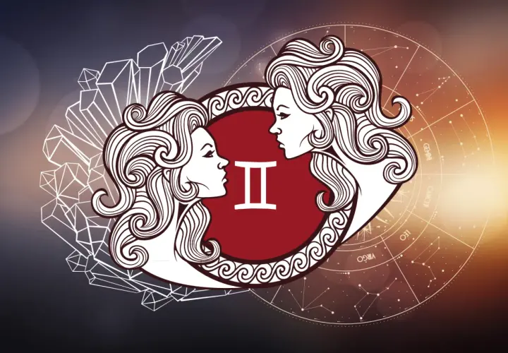 Znak Bliźniąt symbolizuje wodnika i bliźnięta związek, dwie twarze patrzące na siebie, otoczone kryształami i zodiakiem.