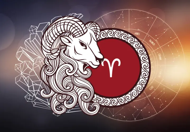 Stylizowany baran z symbolem zodiaku i kołem zodiaku, gdzie widać znaki baran i bliźnięta.