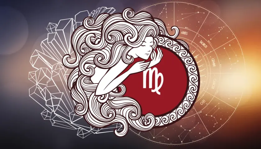 Symbol Panny, najczęstszy znak zodiaku, otoczony kryształami i kołem zodiaku.