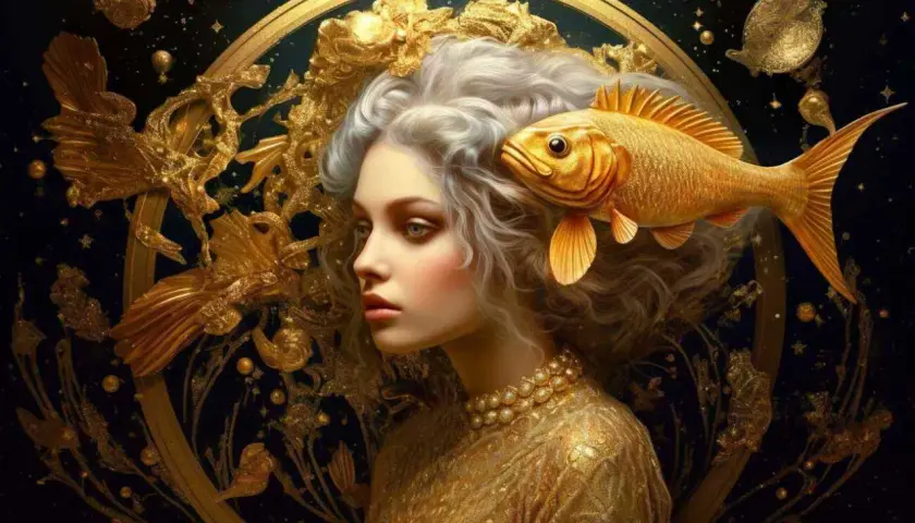 Złota ryba otacza głowę kobiety, symbolizując znak zodiaku Ryby.