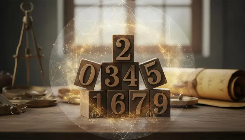 Drewniane klocki z cyframi tworzą piramidę, otoczone mistycznymi symbolami. Obok waga i zwój, sugerujące astrologię lub numerologię.