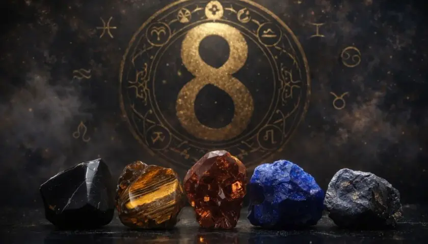 Pięć kamieni szlachetnych przed złotym znakiem astrologiczna 8.