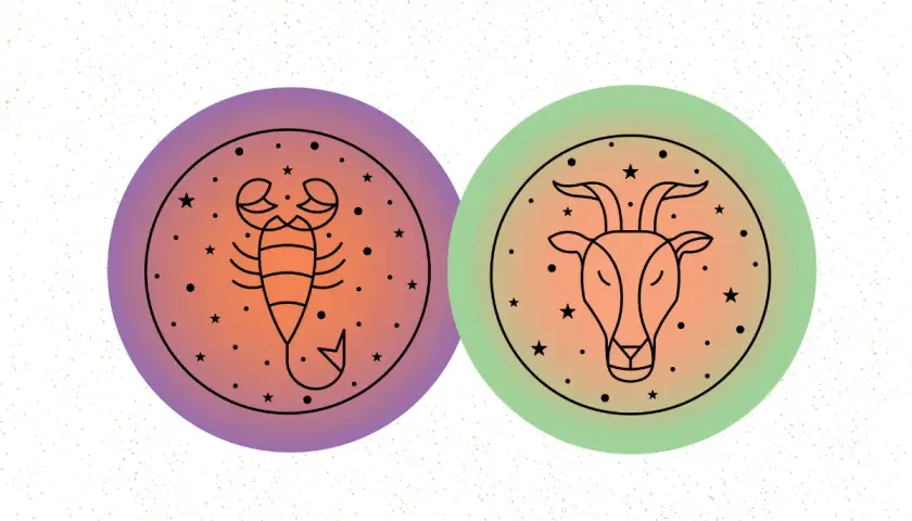 Dwa okręgi z symbolami zodiaku: po lewej skorpion, po prawej koziorożec, na tle gwiazd i gradientu.