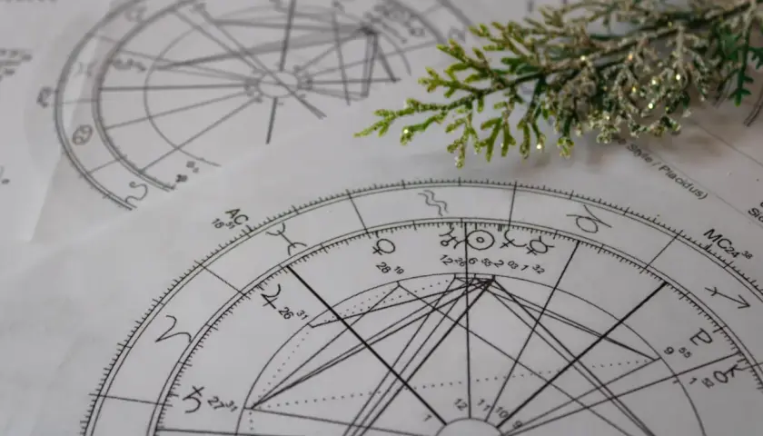 Kosmogram co to? Na papierze widoczne są astrologiczne wykresy z symbolami planet i znaków zodiaku, ozdobione gałązką.