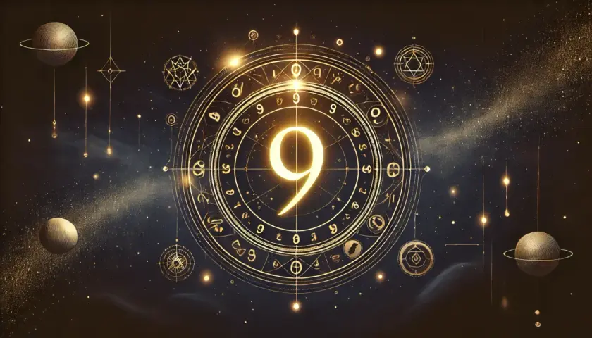 Złoty okrąg z cyfrą 9 w centrum, otoczony symbolami i planetami. To wizualizacja roku numerologicznego 9, pełnego kosmicznej mądrości.