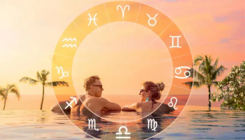 Para w basenie, otoczona znakami zodiaku. Mężczyzna i kobieta patrzą na siebie, a nad nimi koło zodiaku, gdzie widnieje symbol Ryb.