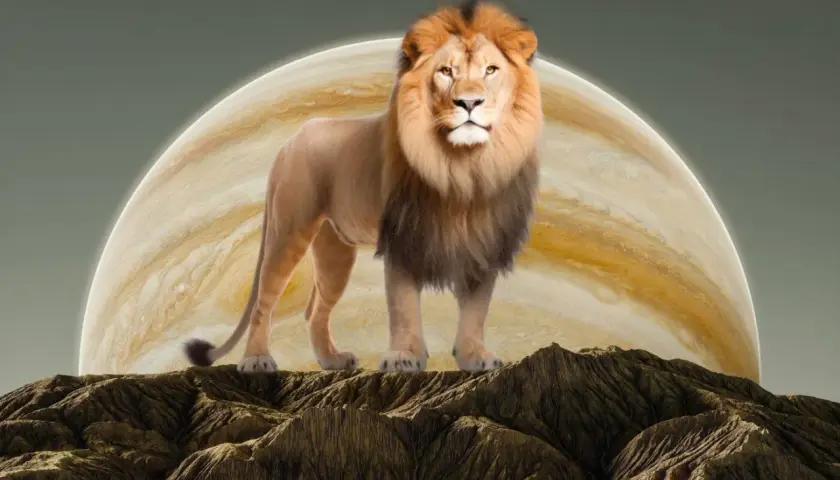 Majestatyczny lew stoi na skalistym szczycie, z Jowiszem w tle. Król zwierząt i król planet.