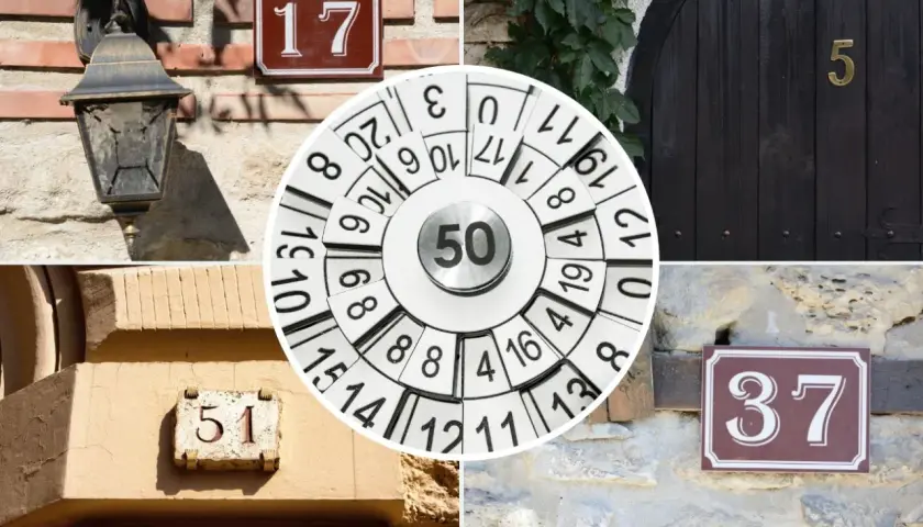 Numerologiczna 10 jako symbol szczęścia. Widoczne numery domów: 17, 5, 51, 37 i okrąg z liczbami, w tym 50.