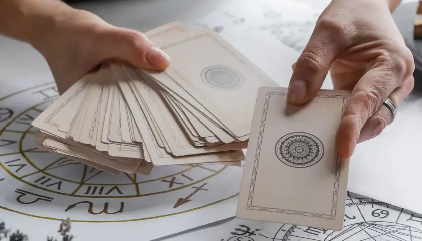 Dwie dłonie trzymają talię kart, jedna wybiera kartę z ozdobnym wzorem. W tle widać koło zodiaku, sugerujące wróżenie z kart tarot.