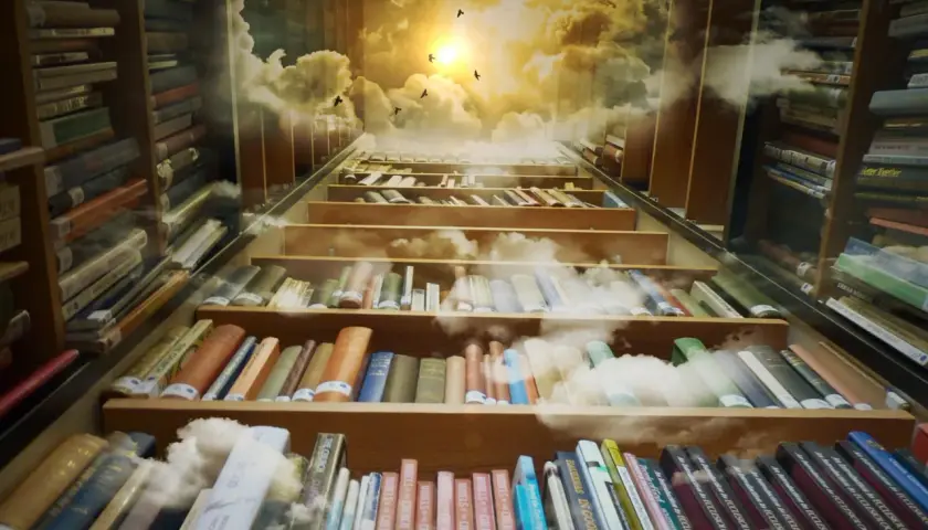 Książki na półkach biblioteki, z niebem i chmurami w tle. To jakby channeling wiedzy, która unosi się ku górze.