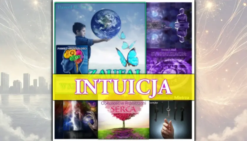 Chłopiec trzyma Ziemię, motyle. Obok grafiki o mózgu i prekognicja co to. Tytuł "INTUICJA".