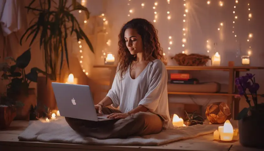 Kobieta z kręconymi włosami pracuje na laptopie w przytulnym, oświetlonym świecami pokoju. Czy to reika co to za miejsce?