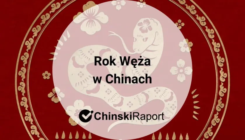 Wąż chiński znak zodiaku. Stylizowany wąż w okręgu z kwiatami, tekst "Rok Węża w Chinach" i logo "ChinskiRaport".