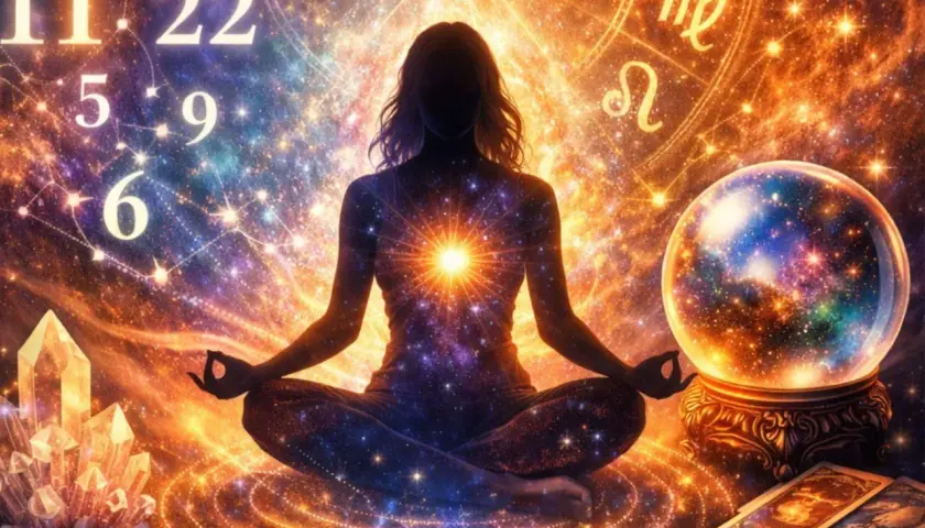 Meditująca postać w kosmicznej przestrzeni, otoczona symbolami numerologii i astrologii. To wizualizacja roku numerologicznego 3, pełnego kreatywności i ekspresji.