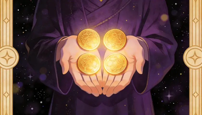 Dłonie trzymają cztery złote monety, symbolizujące stabilność i bezpieczeństwo. To karta 4 monet tarot.