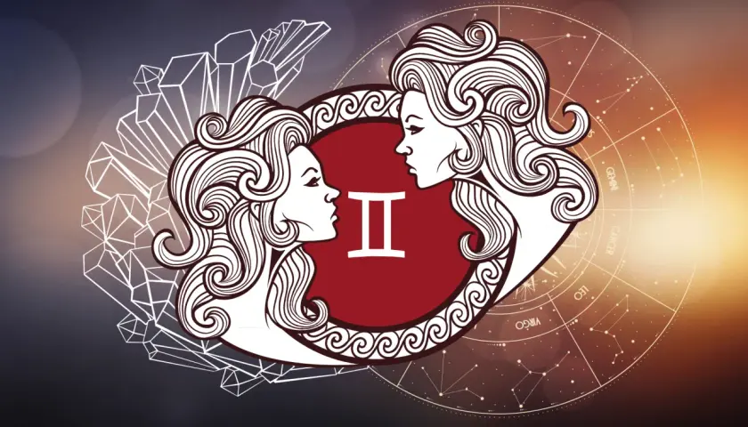 Znak Bliźniąt symbolizuje wodnika i bliźnięta związek, dwie twarze patrzące na siebie, otoczone kryształami i zodiakiem.