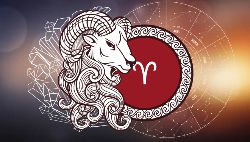 Stylizowany baran z symbolem zodiaku i kołem zodiaku, gdzie widać znaki baran i bliźnięta.