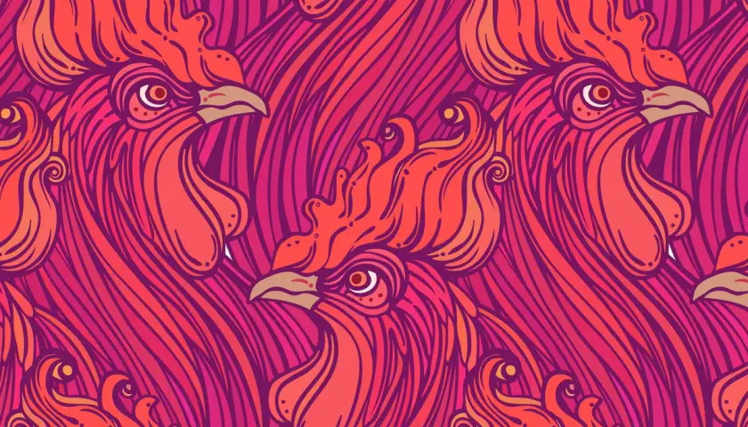 Wzorzyste tło z powtarzającymi się głowami kogutów, symbolizującymi koguta chiński znak zodiaku, w odcieniach czerwieni i różu.