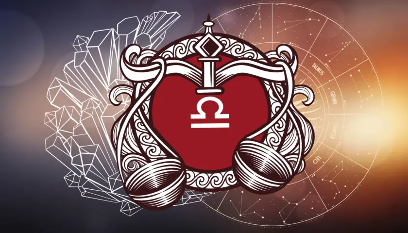 Symbol wagi z negatywnymi cechami Raka, otoczony kryształami i zodiakiem.