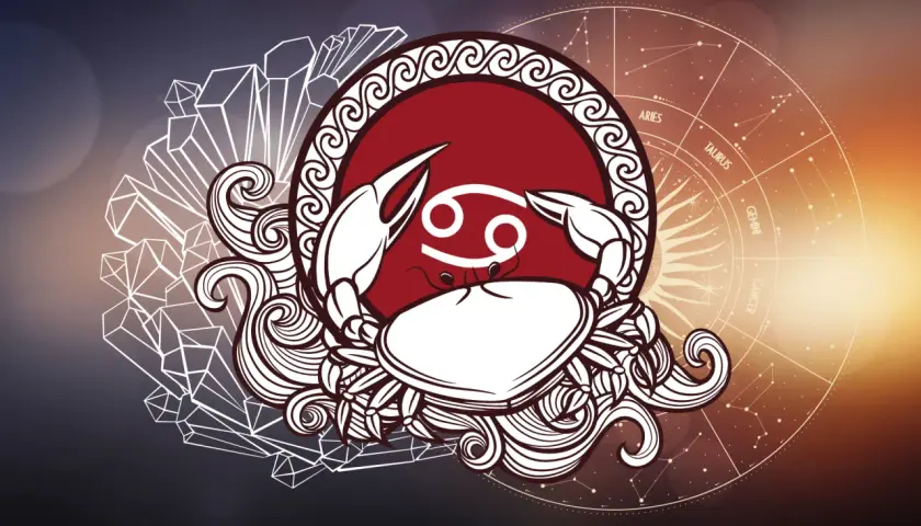 Symbol Raka, 22.07 znak zodiaku, otoczony kryształami i kołem zodiaku.