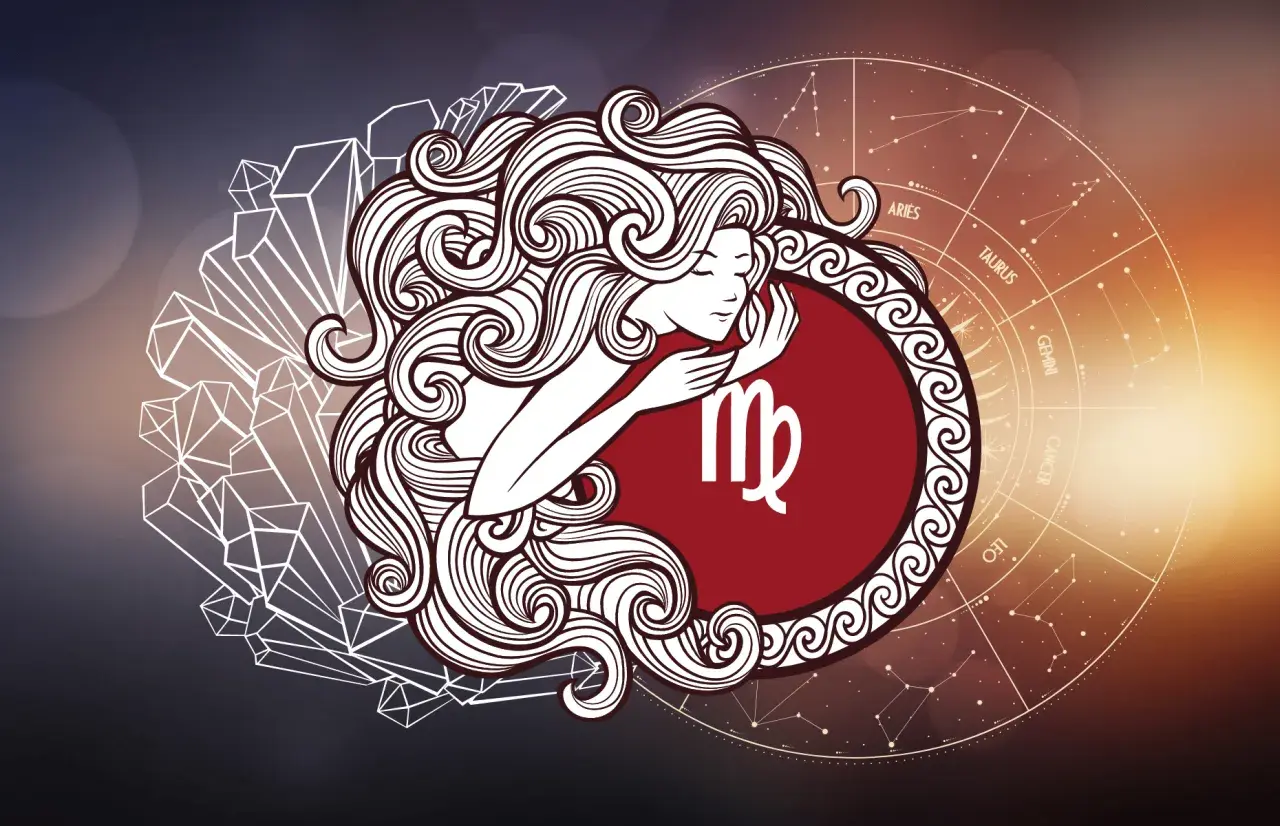 Symbol Panny, najczęstszy znak zodiaku, otoczony kryształami i kołem zodiaku.
