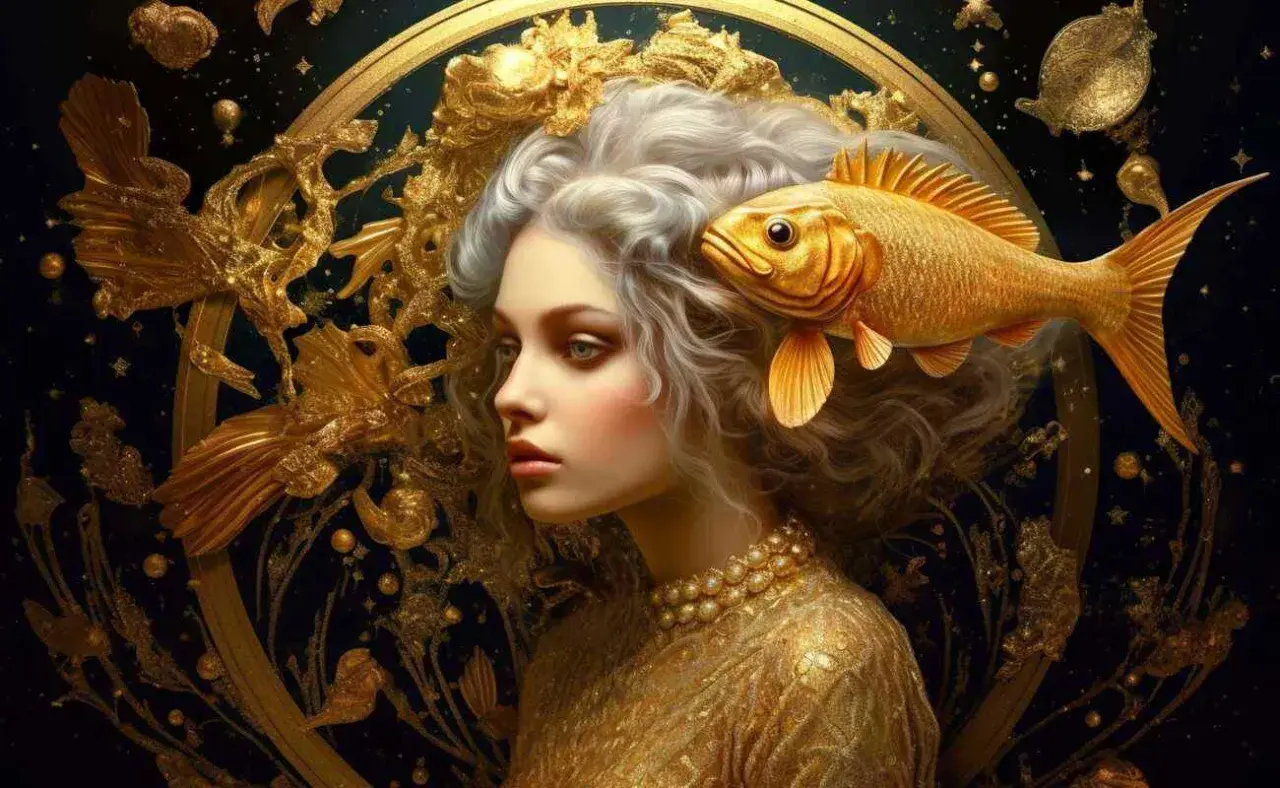 Złota ryba otacza głowę kobiety, symbolizując znak zodiaku Ryby.