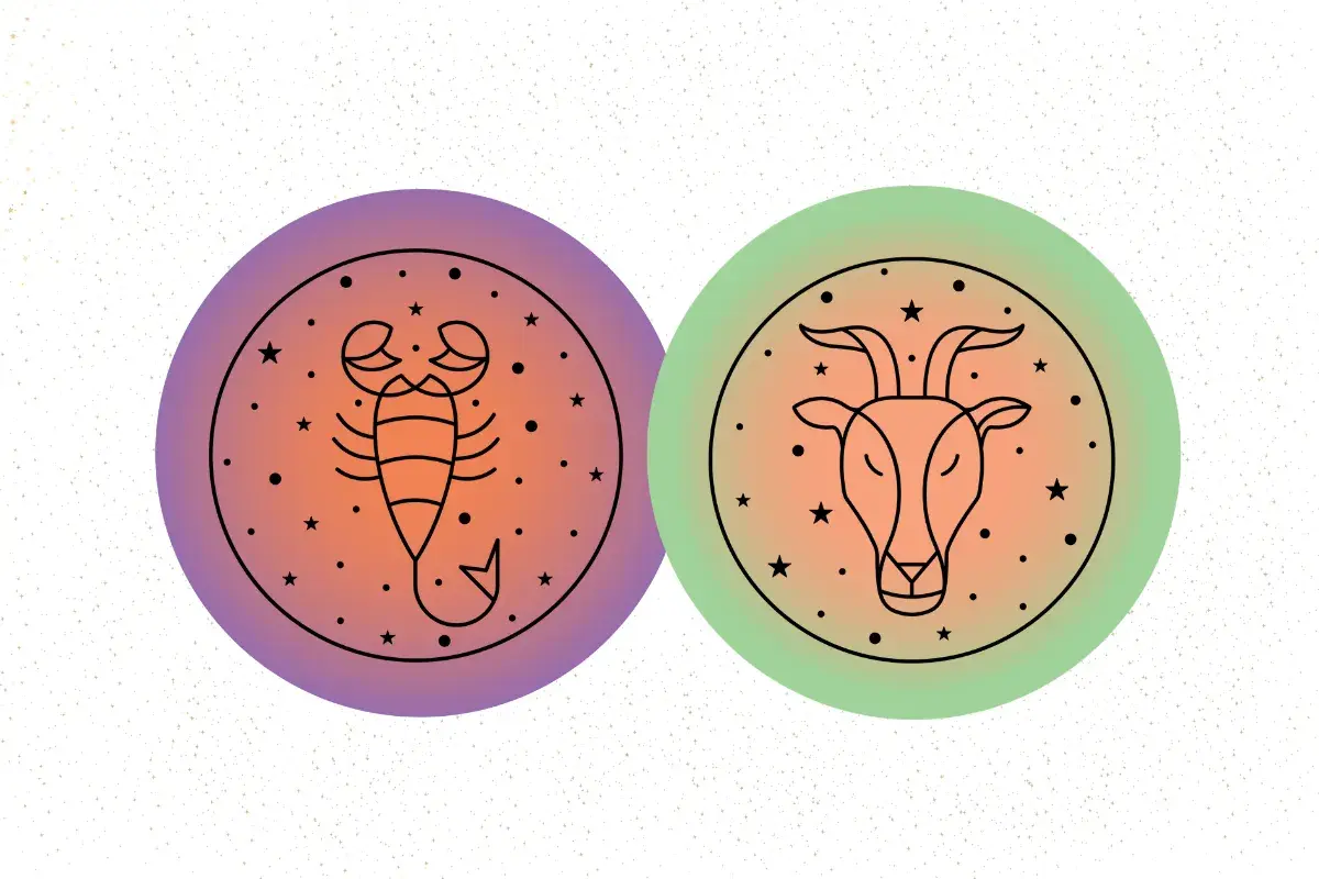 Dwa okręgi z symbolami zodiaku: po lewej skorpion, po prawej koziorożec, na tle gwiazd i gradientu.