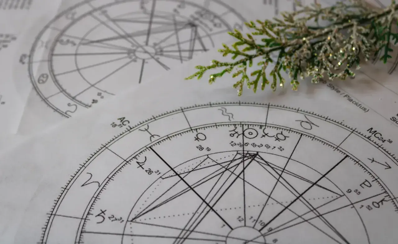 Kosmogram co to? Na papierze widoczne są astrologiczne wykresy z symbolami planet i znaków zodiaku, ozdobione gałązką.