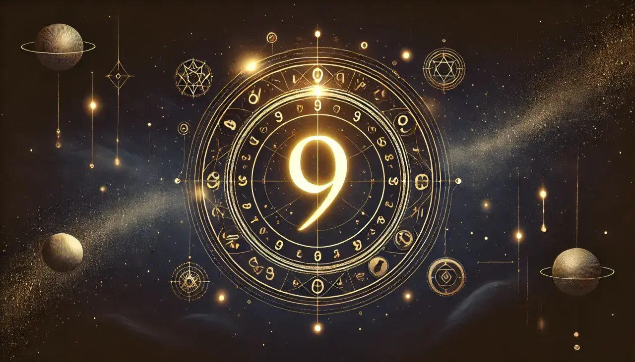Złoty okrąg z cyfrą 9 w centrum, otoczony symbolami i planetami. To wizualizacja roku numerologicznego 9, pełnego kosmicznej mądrości.