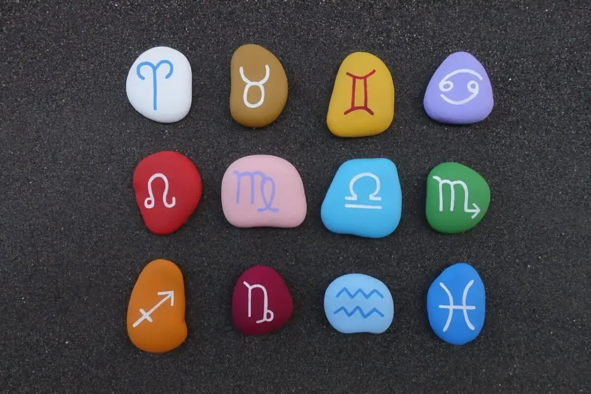 Kolorowe kamienie z symbolami zodiaku ułożone w rzędach. Sprawdź zgodność znaków zodiaku!