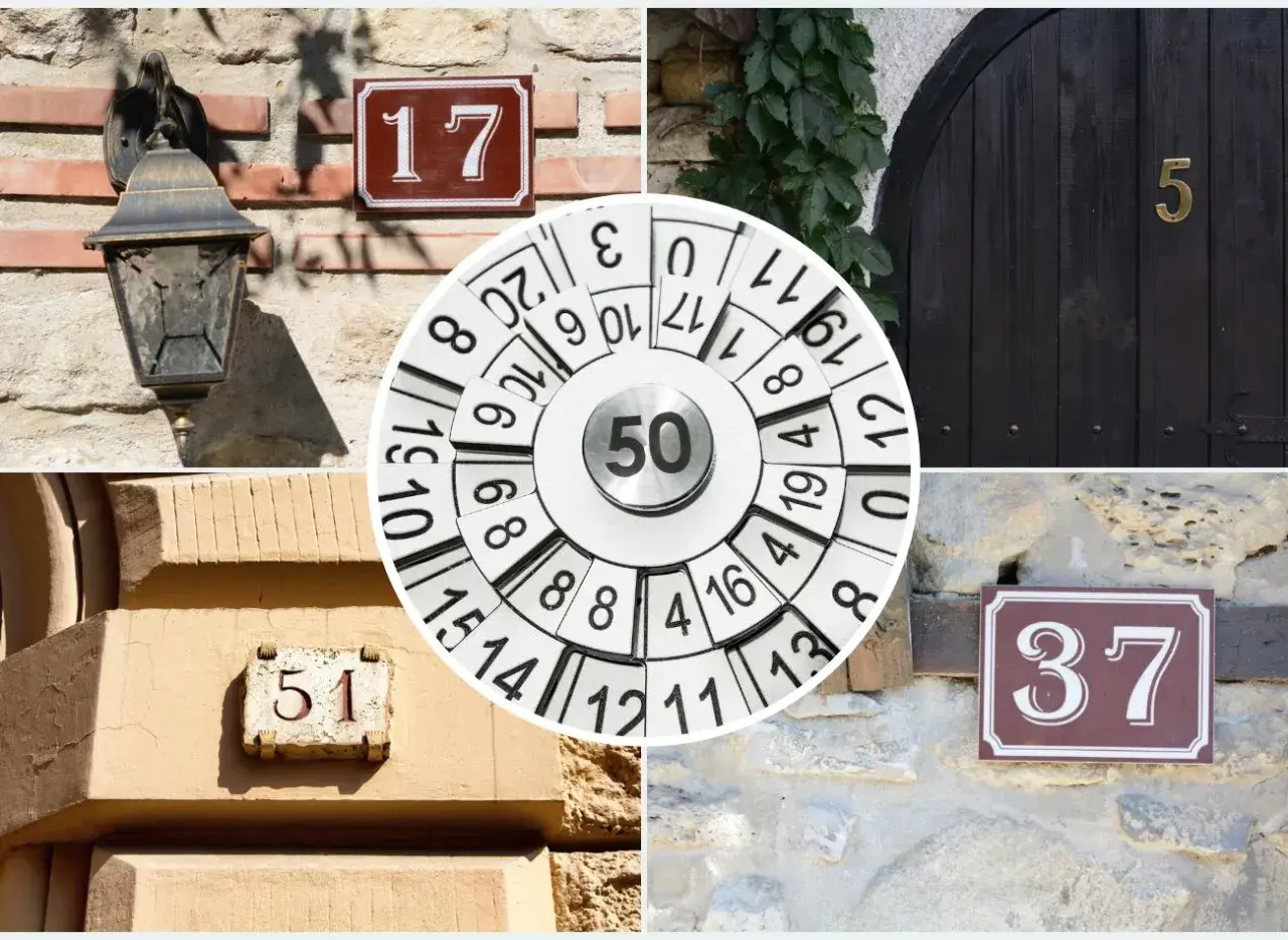 Numerologiczna 10 jako symbol szczęścia. Widoczne numery domów: 17, 5, 51, 37 i okrąg z liczbami, w tym 50.