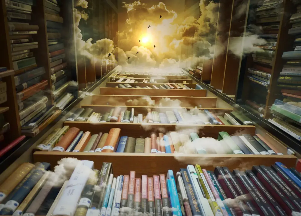 Książki na półkach biblioteki, z niebem i chmurami w tle. To jakby channeling wiedzy, która unosi się ku górze.