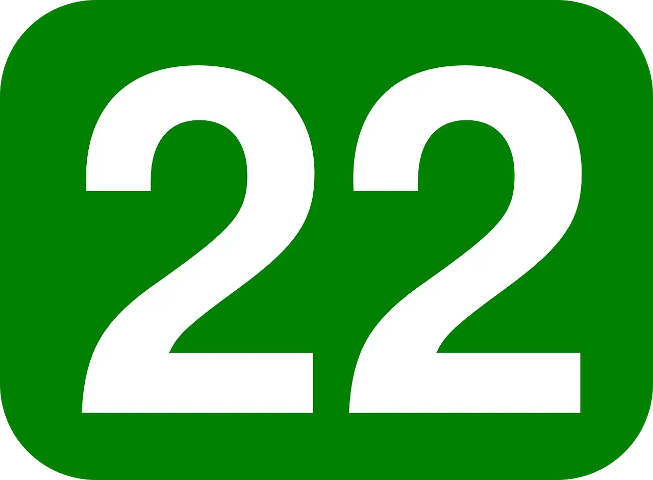 Zielony kwadrat z białymi cyframi 22. Numerologia 22 z dnia urodzenia symbolizuje mistrzostwo i intuicję.