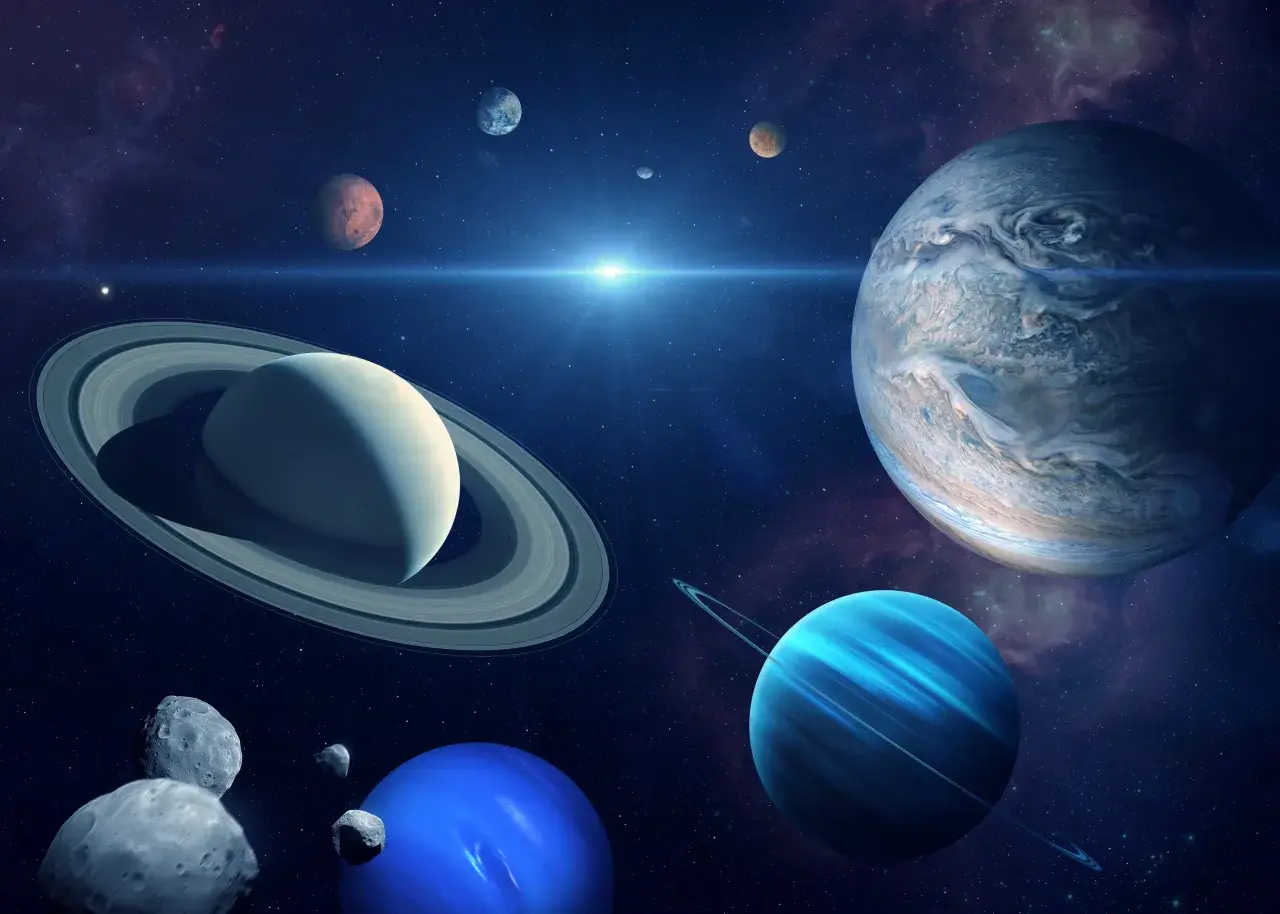 Merkury w Wodniku, wśród planet i asteroid, w otoczeniu gwiezdnego pyłu i odległych mgławic.