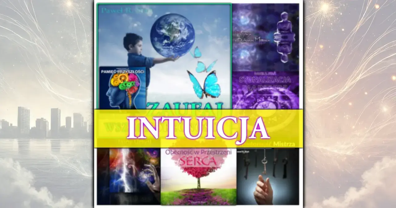 Chłopiec trzyma Ziemię, motyle. Obok grafiki o mózgu i prekognicja co to. Tytuł "INTUICJA".