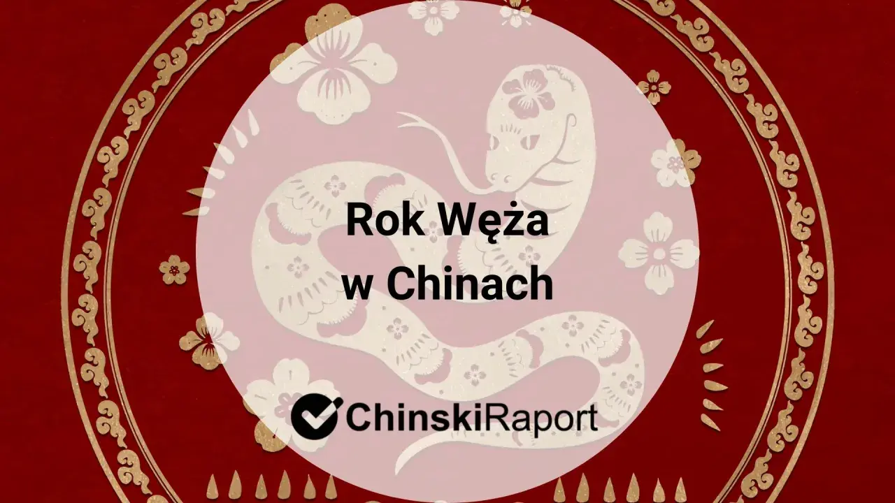 Wąż chiński znak zodiaku. Stylizowany wąż w okręgu z kwiatami, tekst "Rok Węża w Chinach" i logo "ChinskiRaport".