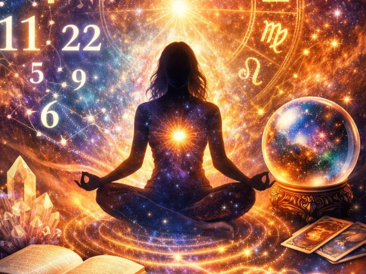 Meditująca postać w kosmicznej przestrzeni, otoczona symbolami numerologii i astrologii. To wizualizacja roku numerologicznego 3, pełnego kreatywności i ekspresji.