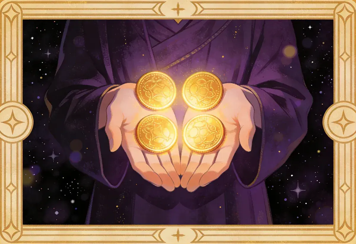 Dłonie trzymają cztery złote monety, symbolizujące stabilność i bezpieczeństwo. To karta 4 monet tarot.
