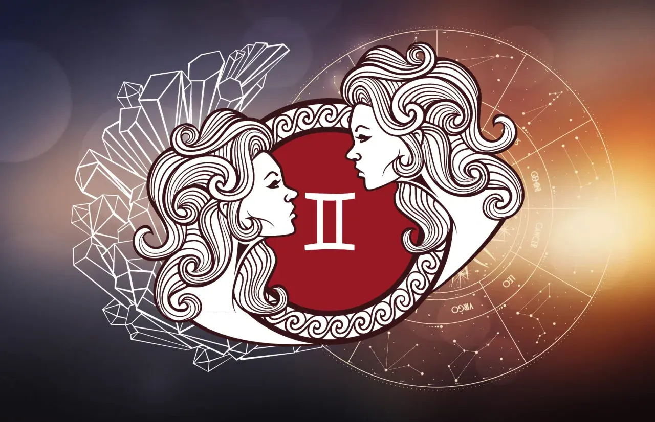 Znak Bliźniąt symbolizuje wodnika i bliźnięta związek, dwie twarze patrzące na siebie, otoczone kryształami i zodiakiem.