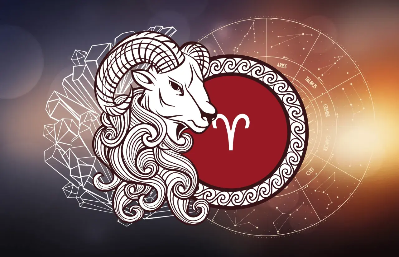 Stylizowany baran z symbolem zodiaku i kołem zodiaku, gdzie widać znaki baran i bliźnięta.