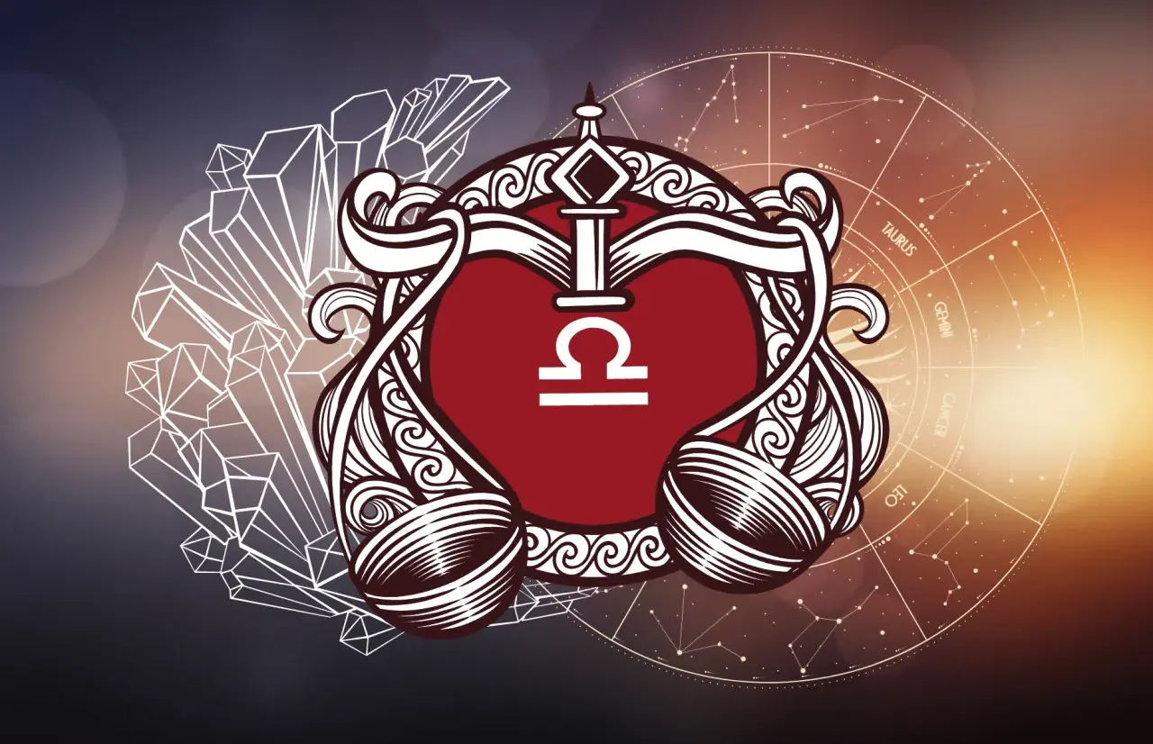 Symbol wagi z negatywnymi cechami Raka, otoczony kryształami i zodiakiem.