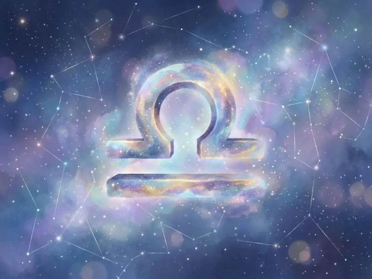 Symbol Wagi na tle kosmosu, z konstelacjami. Może symbolizować energię Marsa w 8 domu, poszukiwanie równowagi w głębokich transformacjach.