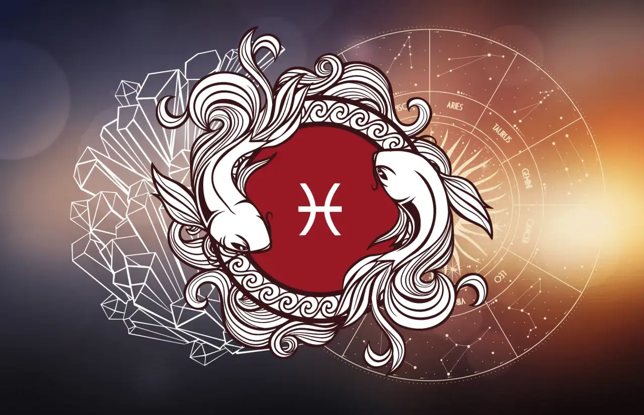 Symbol znaku zodiaku Ryby otoczony dwiema rybami, kryształami i kołem zodiaku.