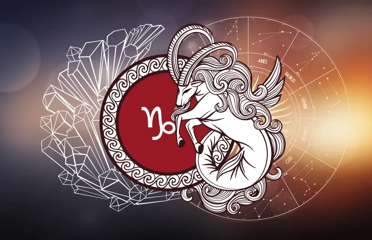 Symbol Koziorożca, jak podrywa koziorożec, w otoczeniu kryształów i gwiazdozbiorów.