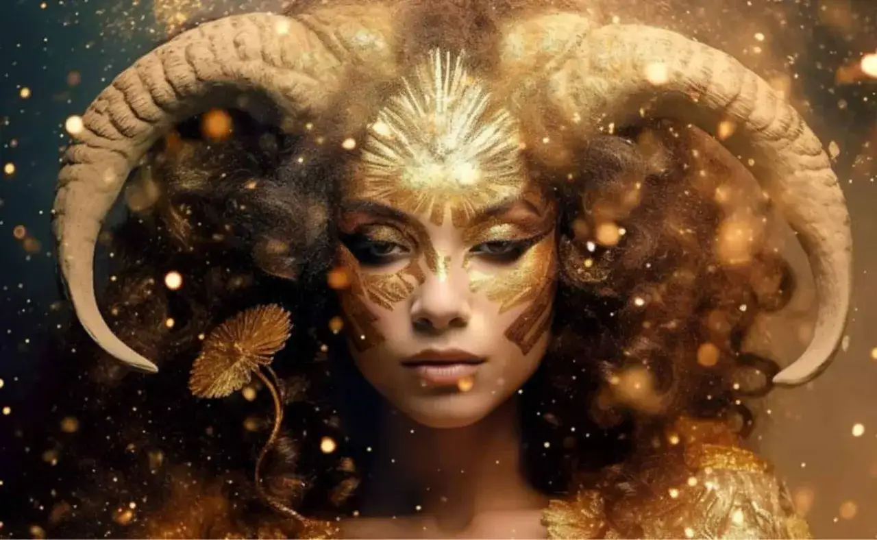 Złota kobieta z rogami barana, ozdobiona brokatem. Zastanawiasz się, jaki znak zodiaku pasuje do barana?