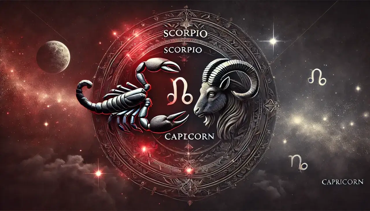 Znak zodiaku Skorpion i Koziorożec w kosmicznej scenerii, otoczeni symbolami i gwiazdami.