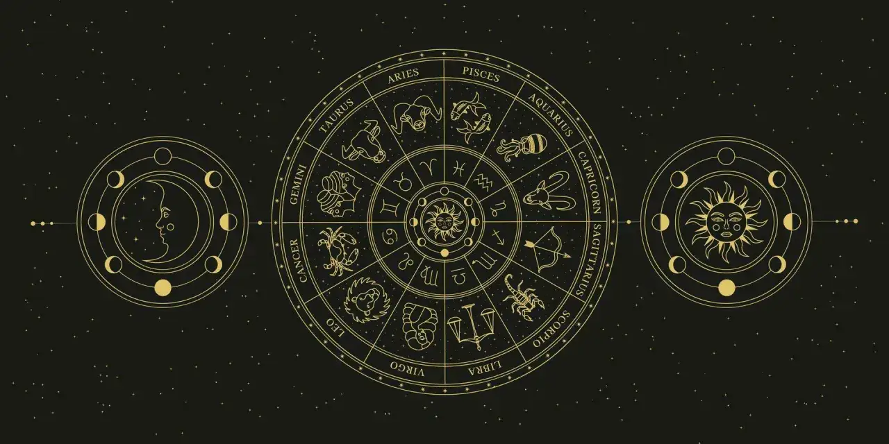 Odkryj, jakim znakiem zodiaku jestem, patrząc na koło z symbolami i nazwami dwunastu znaków zodiaku, otoczone fazami księżyca i słońcem.