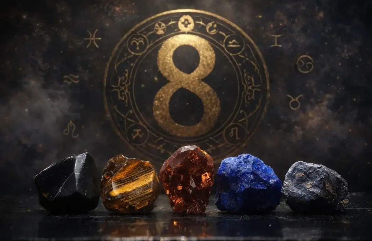 Pięć kamieni szlachetnych przed złotą &oacute;semką i znakami zodiaku. Wibracja związku 8.